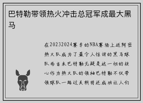 巴特勒带领热火冲击总冠军成最大黑马 巴特勒带领热火冲击总冠军成最大黑马
