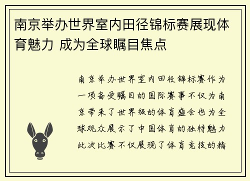 南京举办世界室内田径锦标赛展现体育魅力 成为全球瞩目焦点 南京举办世界室内田径锦标赛展现体育魅力 成为全球瞩目焦点