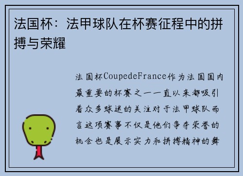 法国杯：法甲球队在杯赛征程中的拼搏与荣耀