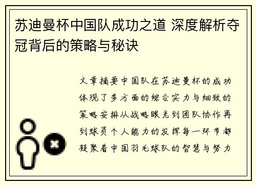 苏迪曼杯中国队成功之道 深度解析夺冠背后的策略与秘诀 苏迪曼杯中国队成功之道 深度解析夺冠背后的策略与秘诀