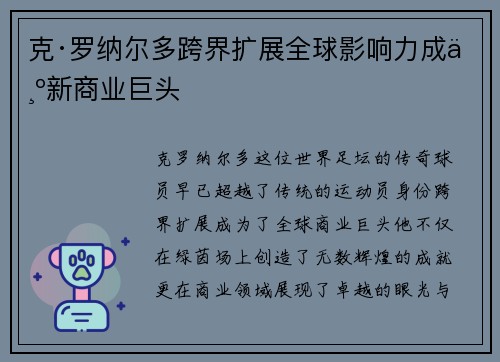 克·罗纳尔多跨界扩展全球影响力成为新商业巨头
